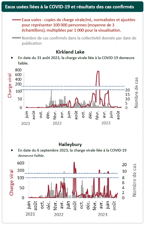 Dans ce graphique, l’axe des ordonnées représente la charge virale dans les eaux usées exprimée en copies/ml, normalisée et ajustée pour 100?000 personnes (moyenne de 3 échantillons), multipliée par 1?000 aux fins de visualisation, et le nombre de cas. Le temps exprimé en mois se trouve sur l’axe des abscisses.   La description qui suit est celle de l’emplacement de Kirkland Lake. À partir de juin 2020, la charge virale et le nombre de cas dans le Timiskaming sont demeurés près de 0 jusqu’à la mi-janvier, moment où le nombre de cas a commencé à fluctuer entre 5 et 23 avant de grimper à 42 au début de juin. Les hausses suivantes et les charges virales connexes se lisent comme suit : 9 août à 58; 28 décembre à 84; 10 février à 749, et 11 mai à 49. Par la suite, la charge virale se maintient à près de 0.  jusqu’au dernier échantillon prélevé le 27 août. À la mi-septembre, la charge virale a légèrement augmenté.  La description qui suit est celle de l’emplacement de Haileybury. De juin 2020 à juin 2023, il y a eu de nombreuses hausses importantes et entre chaque hausse, on constate essentiellement une charge virale fluctuant entre 0 et 25. Les hausses et les charges virales connexes se lisent comme suit : 64 au 3 décembre 2021; 70 à la mi-février; 82 au 29 mars; 76 à la mi-avril et 75 au 4 avril. Le 29 juillet, la charge virale a atteint un sommet de 643 copies/ml et un autre le 11 août, en s’établissant à 301 copies/ml. Par la suite, le nombre de cas a fluctué entre 0 et 70, sauf lors des pics suivants de la charge virale : 100 le 30 janvier 2023; 224 le 17 mars et 139 le 9 juin.  Depuis la mi-août, la charge virale a généralement augmenté et est présentement près de 200.