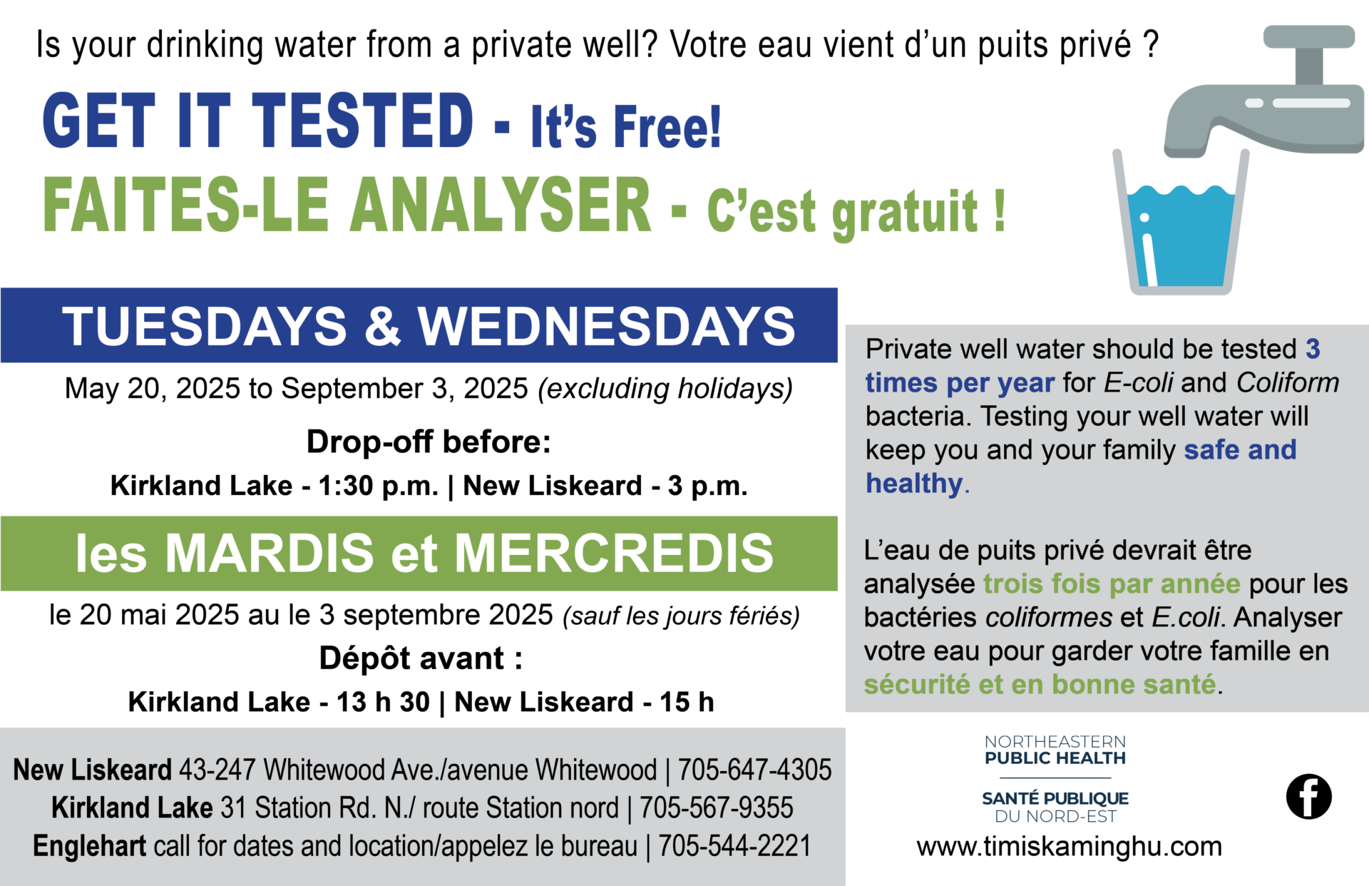 Faites-le analyser les mardi seulement à New Liskeard, Englehart et Kirkland Lake